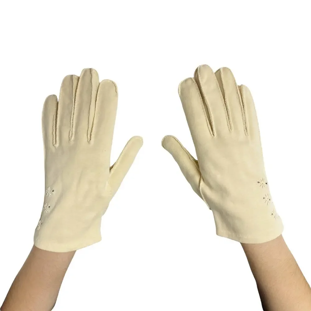 Vintage Herrybrooks Womens Size 8 Ivory Fabric Eyelet Embroidered Gloves